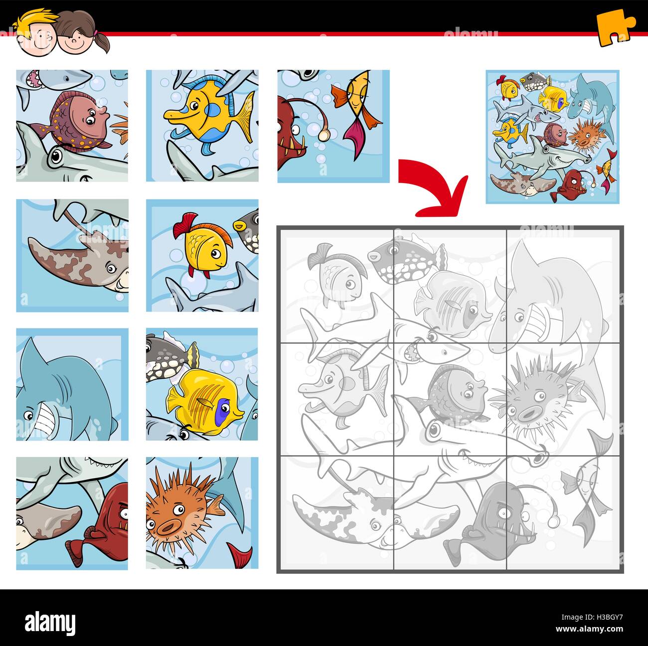 Cartoon Illustration de l'éducation Activité casse-tête pour les enfants groupe de poissons et cétacés avec les caractères des animaux Illustration de Vecteur