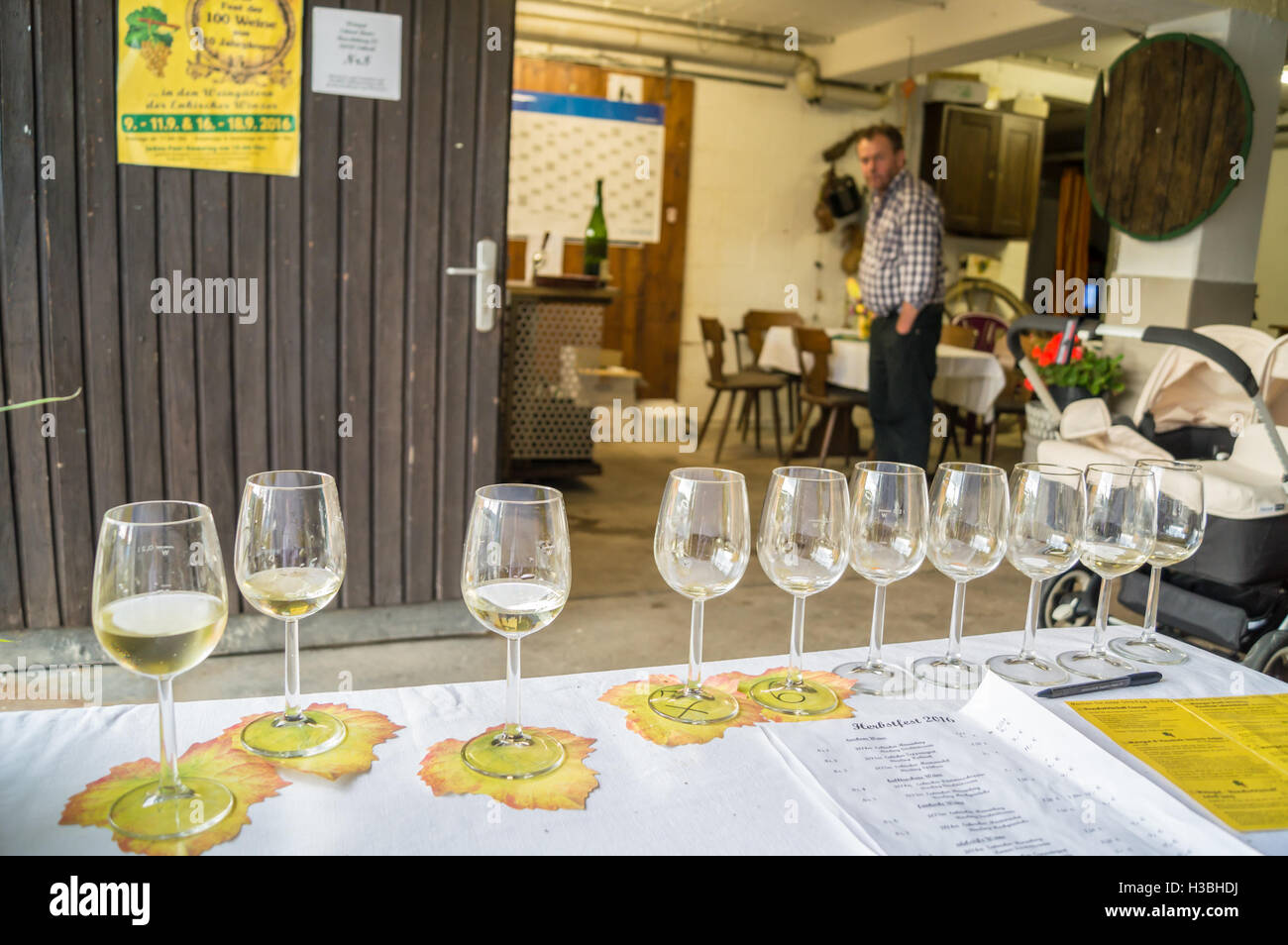 Un vol de Riesling à Weingut Erhard Bartz, Enkirch, Moselle, Rheinland-Pfalz, Allemagne pub boissons verres de table Banque D'Images