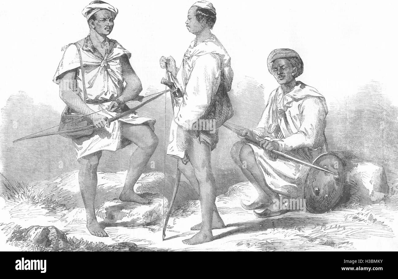 L'Inde mutinerie. Goorkahs Gurkhas du 66è Régiment costume national 1858. L'Illustrated London News Banque D'Images