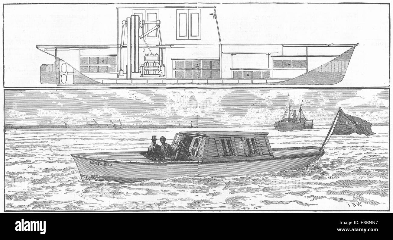 Bateau électrique bateaux Thames ; les postes des accumulateurs 1882. L'Illustrated London News Banque D'Images