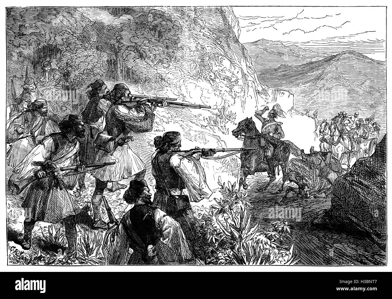 En avril 1870, quatre voyageurs aristocratique, trois Britanniques et un Italien, ont été enlevés par des brigands lors d'une excursion à Marathon et tenu en otage. Les négociations ont été saboté au milieu de l'ingérence politique, une tentative de sauvetage n'a pas trop, et les quatre hommes ont finalement été assassinés par leurs ravisseurs à Dilessi Boetian, sur la côte. Les événements qui ont déclenché une crise entre la Grèce et la Grande-Bretagne. Banque D'Images En avril 1870, quatre voyageurs aristocratique, trois Britanniques et un Italien, ont été enlevés par des brigands lors d'une excursion à Marathon et tenu en otage. Les négociations ont été saboté au milieu de l'ingérence politique, une tentative de sauvetage n'a pas trop, et les quatre hommes ont finalement été assassinés par leurs ravisseurs à Dilessi Boetian, sur la côte. Les événements qui ont déclenché une crise entre la Grèce et la Grande-Bretagne. Banque D'Images