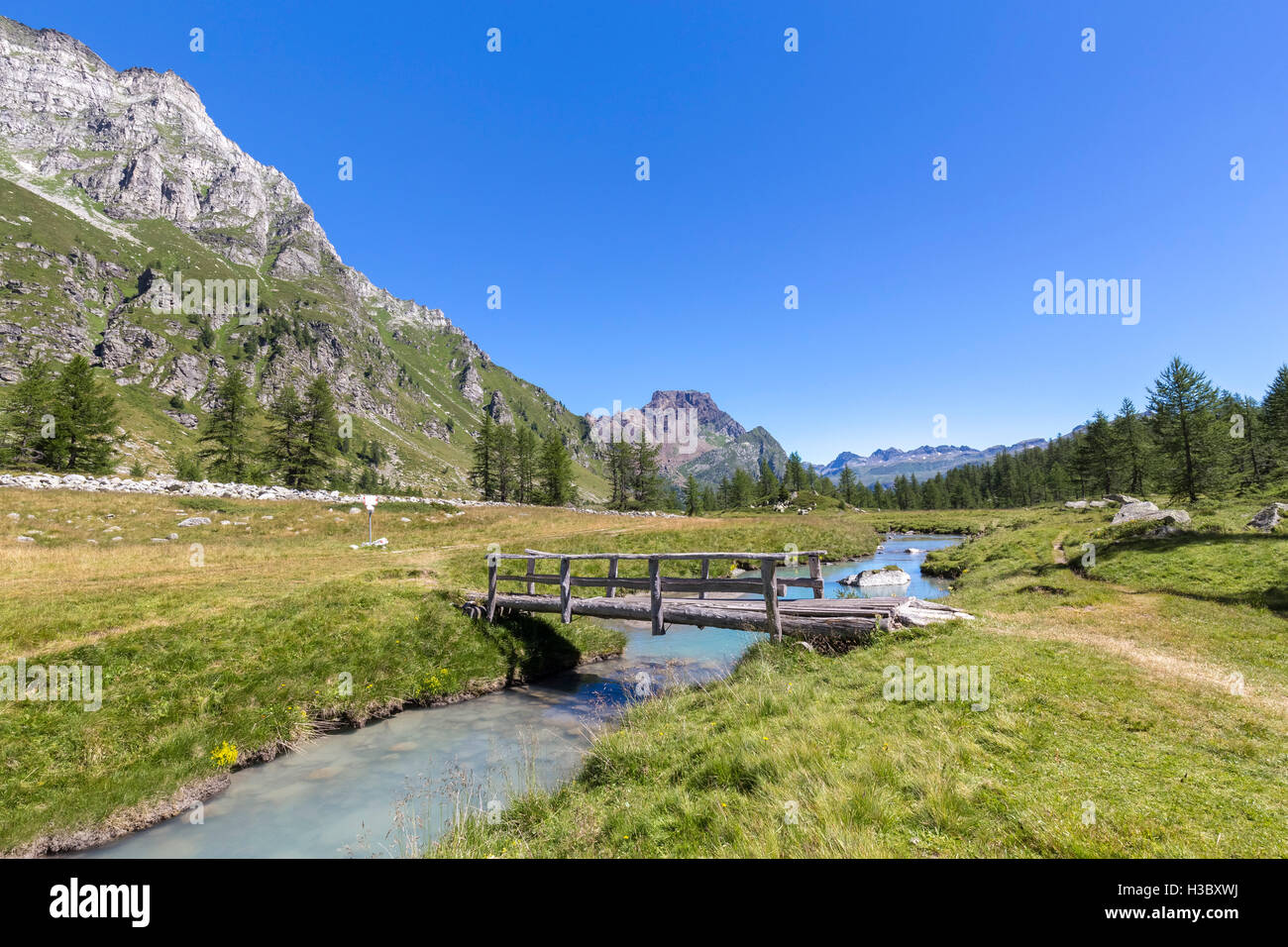 Le petit pont de bois en Val Buscagna, Alpe Devero, Valle Antigorio, Piémont, Italie. Banque D'Images