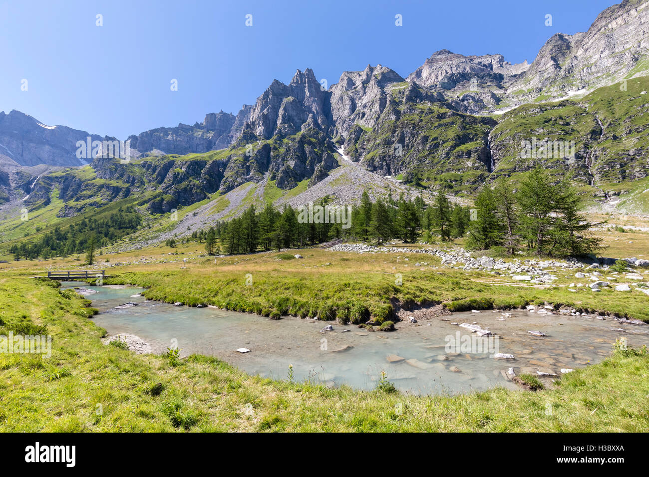 La rivière Buscagna Buscagna en Val Antigorio, Alpe Devero, vallée, Piémont, Italie. Banque D'Images