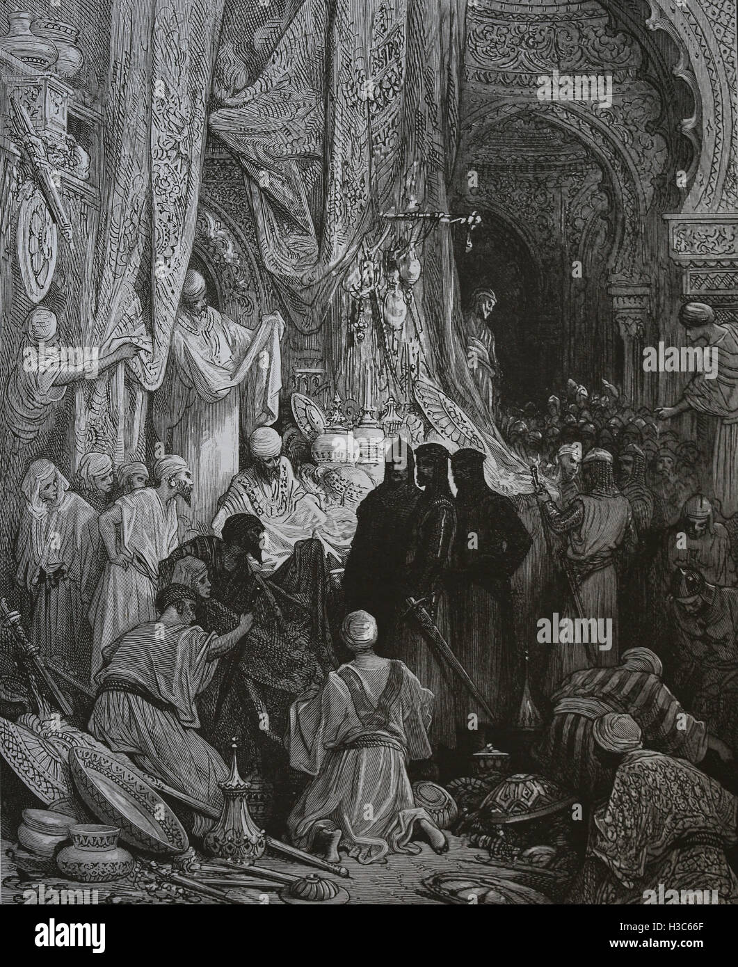 L'étonnement des croisés à la richesse de l'Orient. Gravure de Gustave Dore, 19e siècle. Banque D'Images