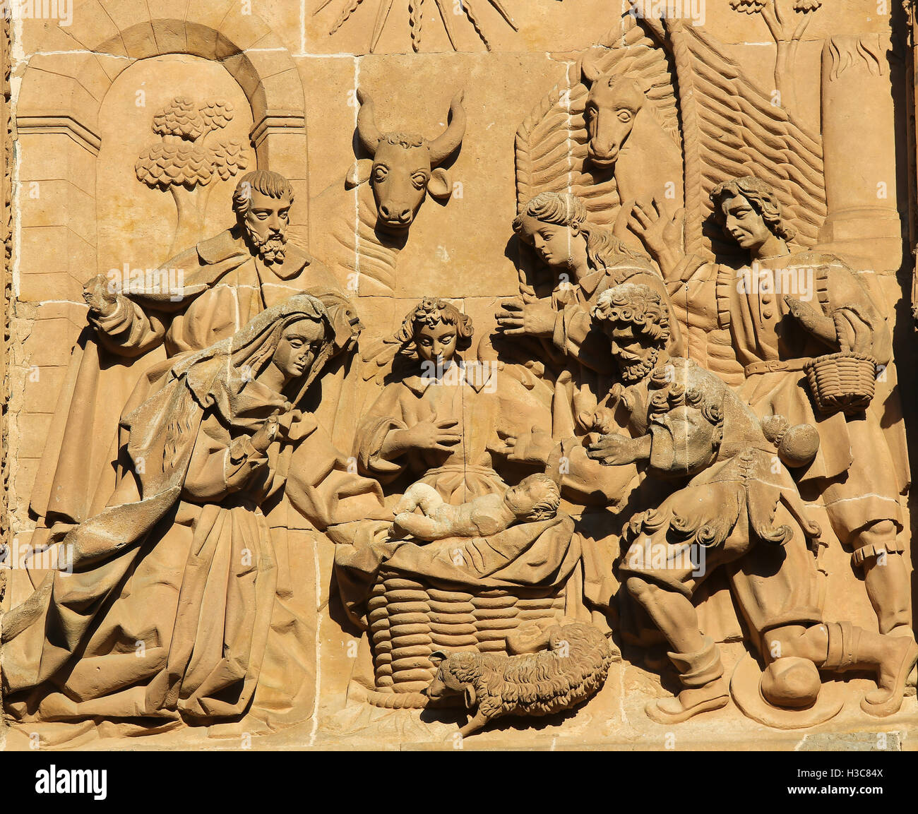 Sculpture d'une scène de la Nativité à la façade de la nouvelle cathédrale de Salamanque, Espagne Banque D'Images