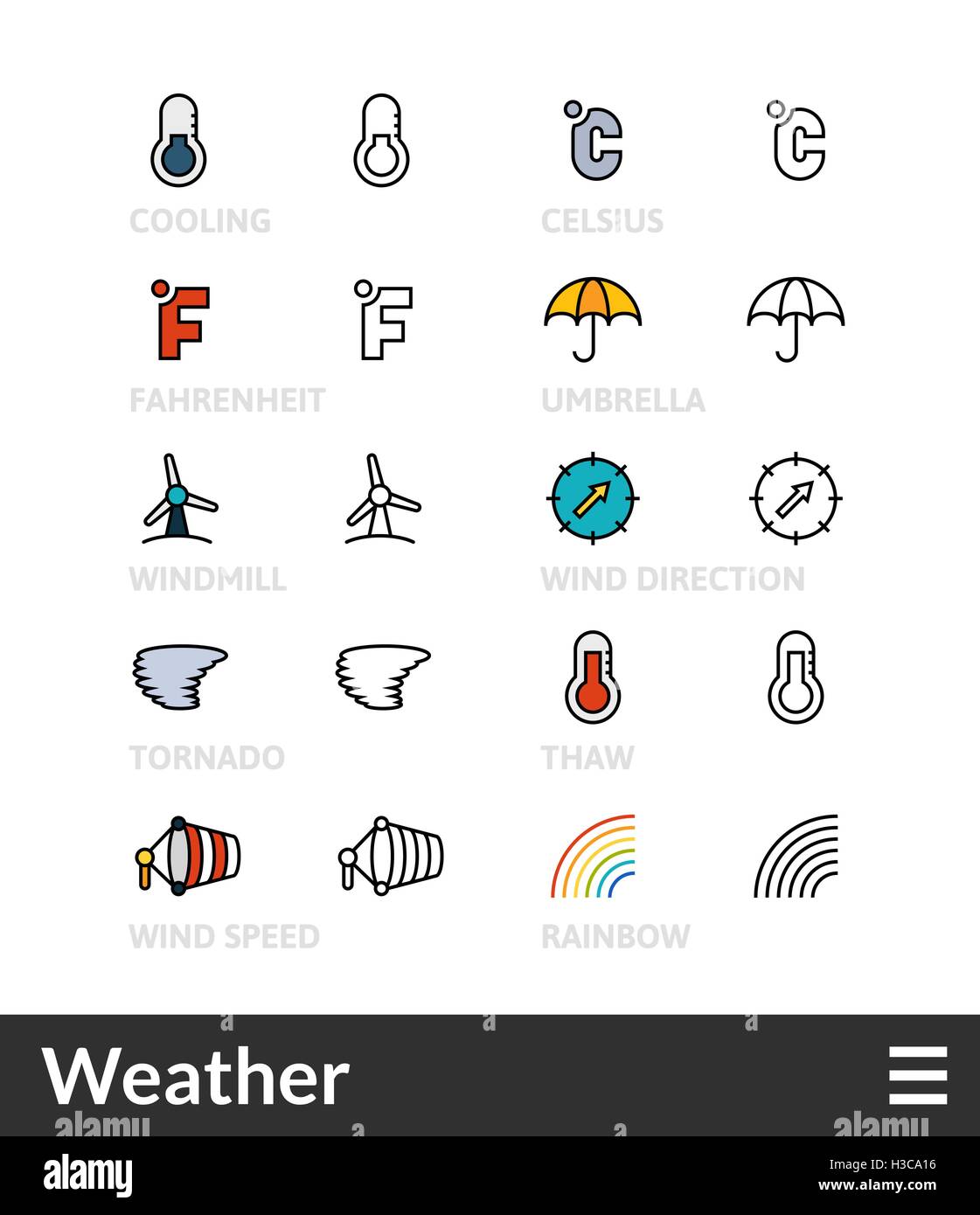 Contour noir et couleur des icônes, fine ligne de course style design Illustration de Vecteur