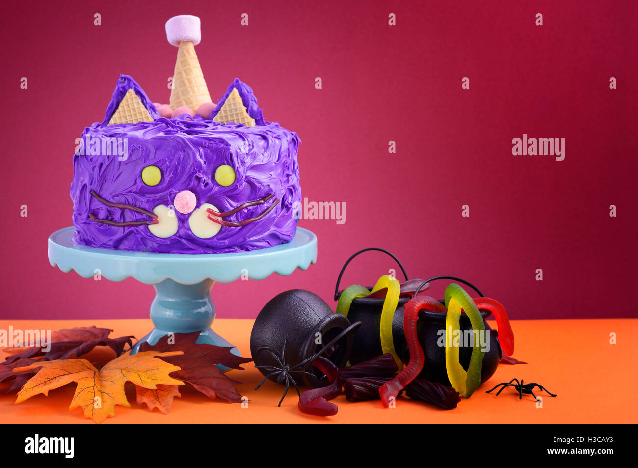 Happy Halloween cat gâteau partie nourriture avec glaçage violet candy et décorations sur fond coloré table parti. Banque D'Images