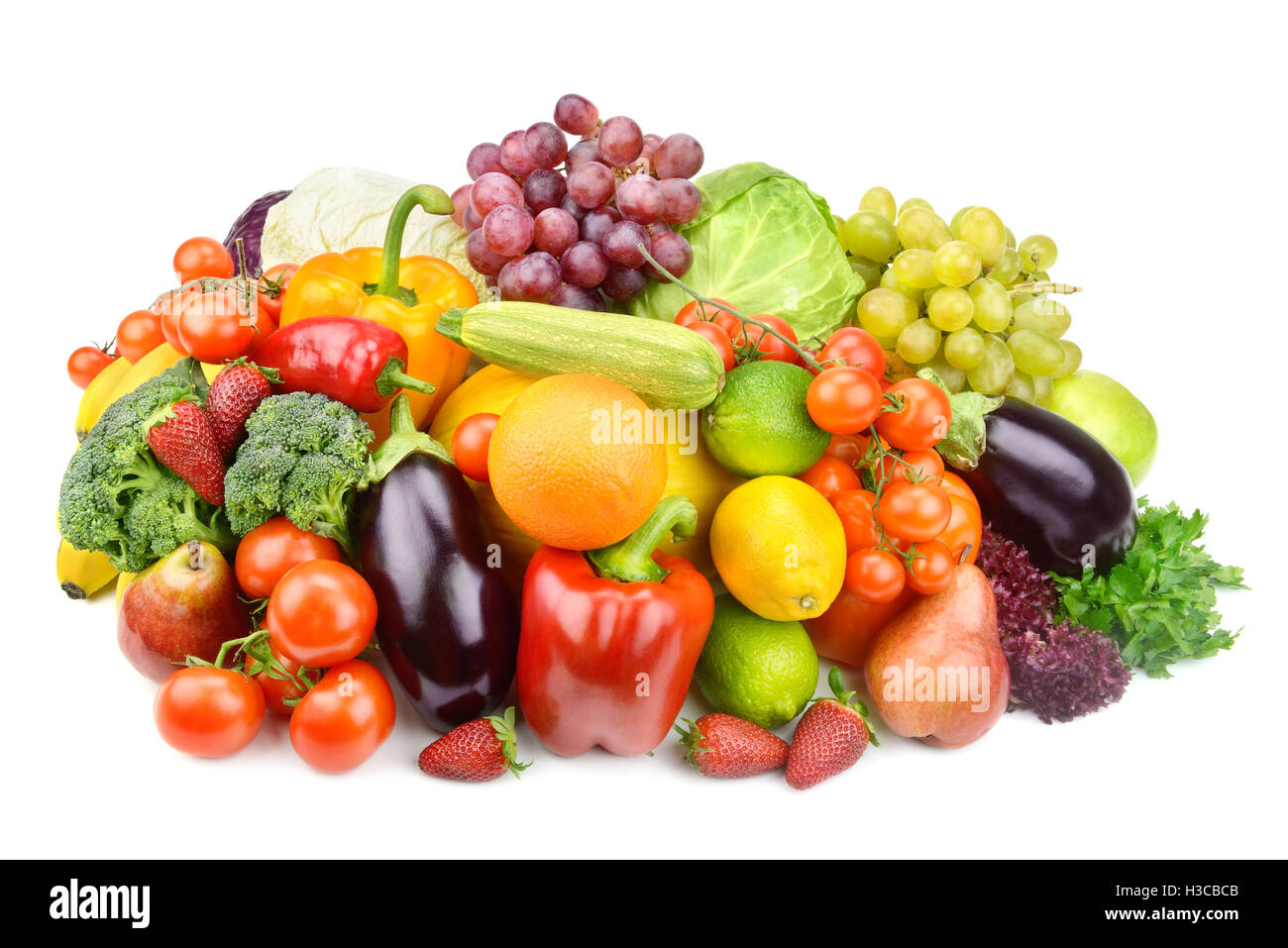 Ensemble de fruits et légumes frais isolé sur fond blanc Banque D'Images