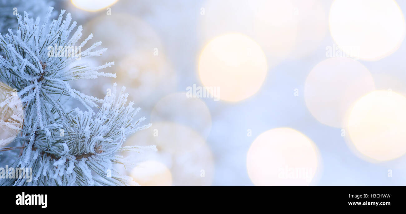 La lumière de l'arbre de Noël ; Blue Winter Landscape Banque D'Images