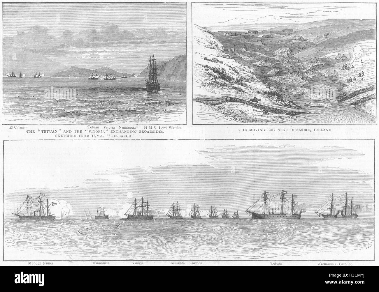 Bataille navale de Carthagène. Tetuan, Vitoria, broadsides ; Bog Dunmore, Irlande 1873. L'Illustrated London News Banque D'Images