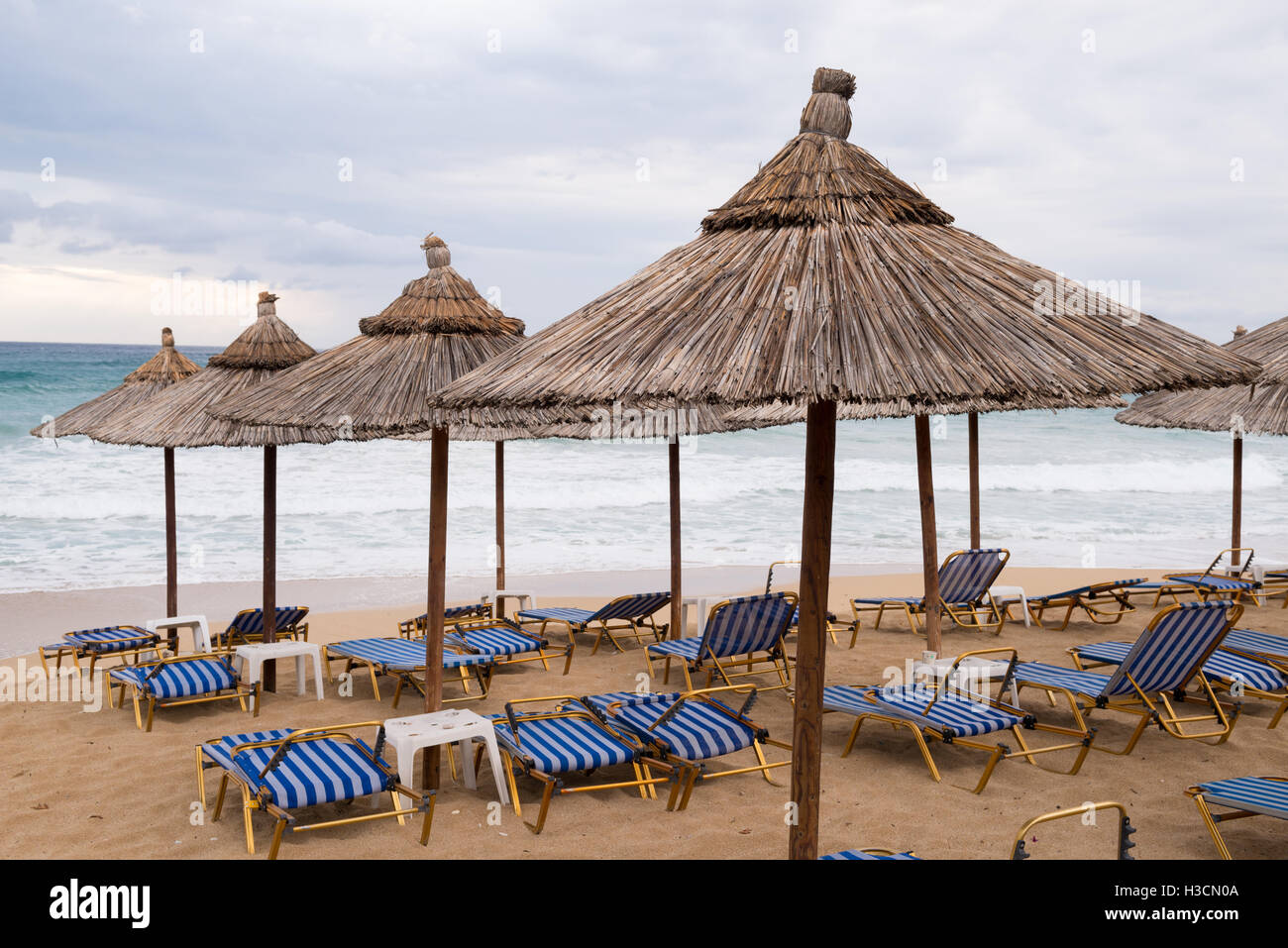 Chaume Tropical parasols sur une plage déserte dans un mauvais temps en Grèce. Banque D'Images Chaume Tropical parasols sur une plage déserte dans un mauvais temps en Grèce. Banque D'Images