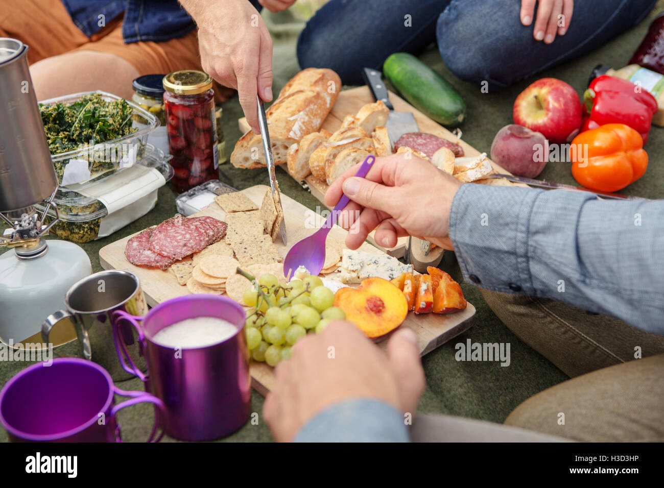 Portrait of friends having food while sitting on picnic blanket Banque D'Images