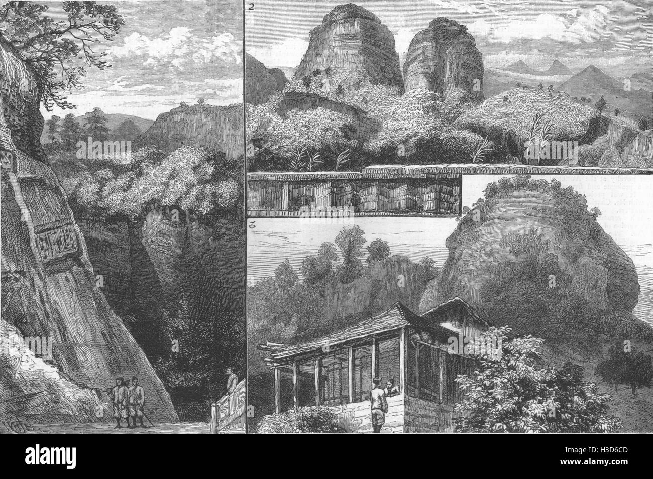 Monastère bouddhiste de la Chine Tan Ha Shah, Red Cloud Mtn, le Guangdong ; Maritchi 1883. Le graphique Banque D'Images