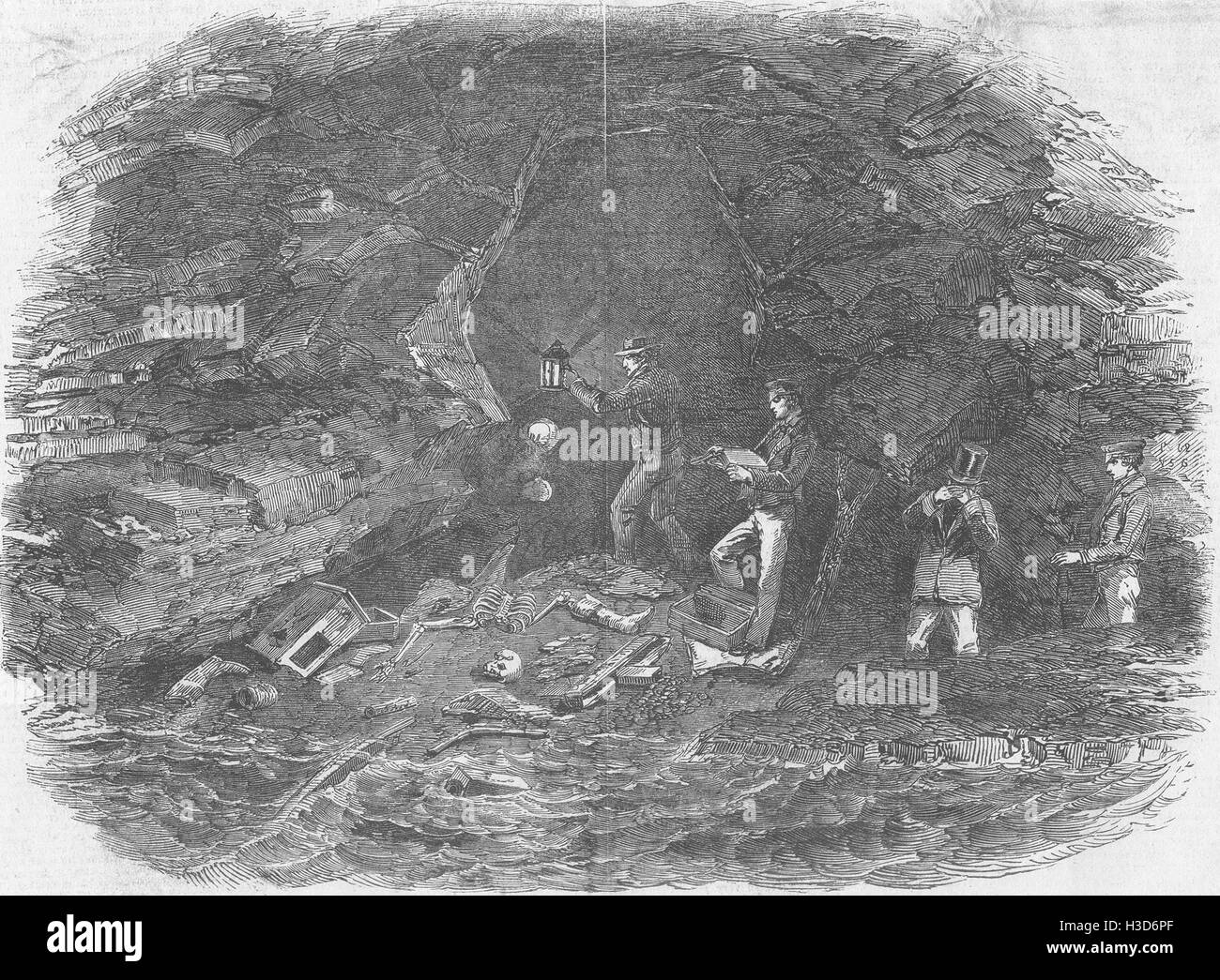 Pionnier des grottes caverne, lieu de décès de Maidment, Mission Patagonie 1852. L'Illustrated London News Banque D'Images