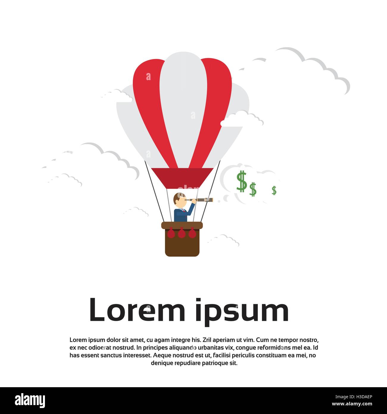 Business Man Fly Air Balloon tenir à la binoculaire à de futurs Concept Illustration de Vecteur