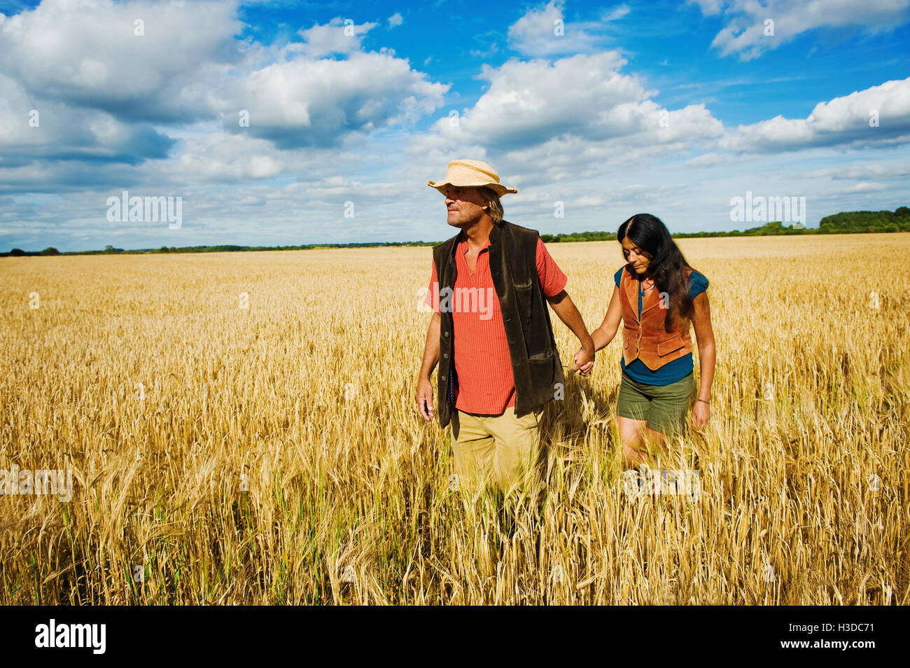 Un homme et une femme se tenant par la main dans un champ en été. Banque D'Images