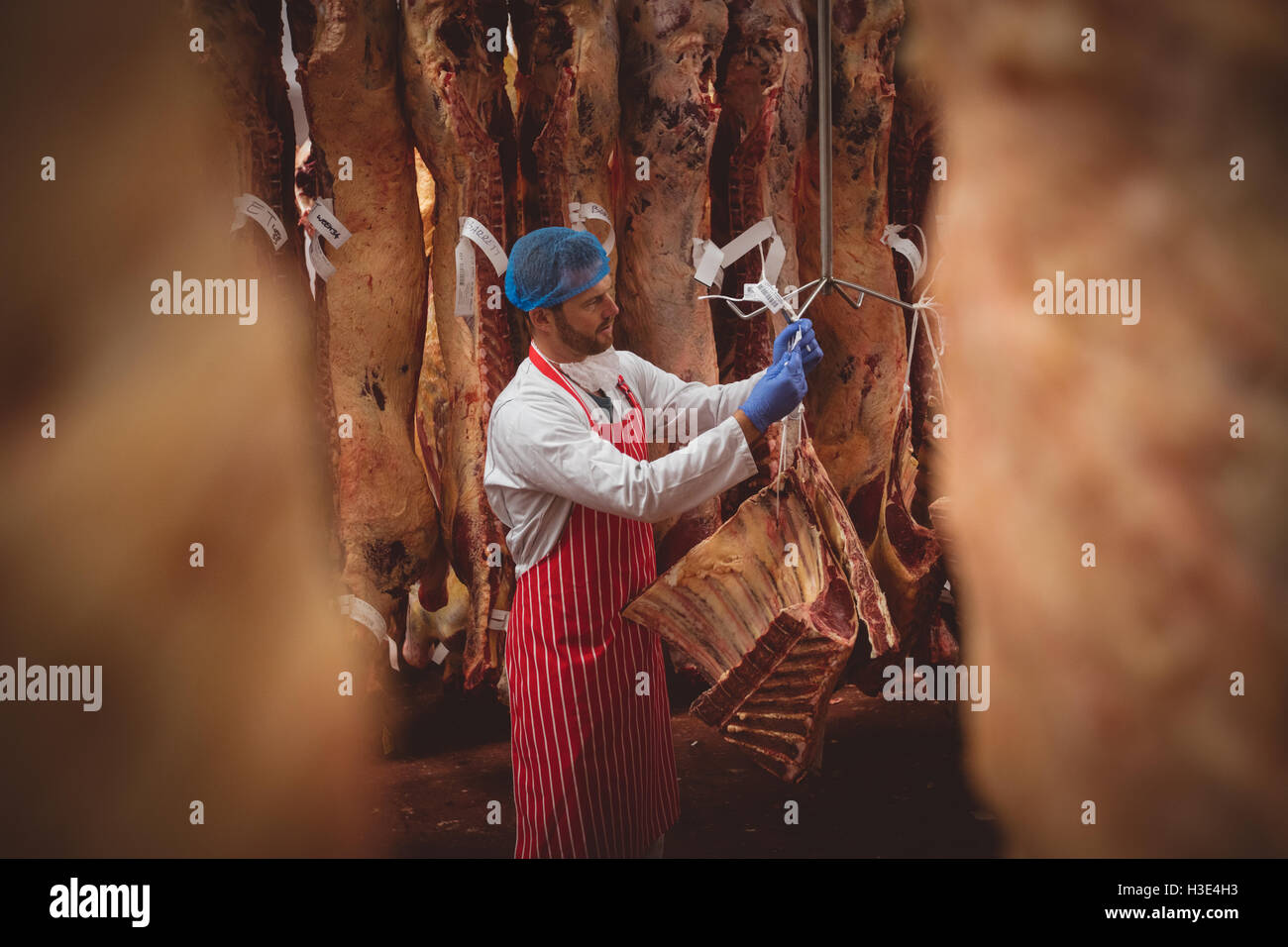 Butcher pendaison viande rouge dans la salle de stockage Banque D'Images