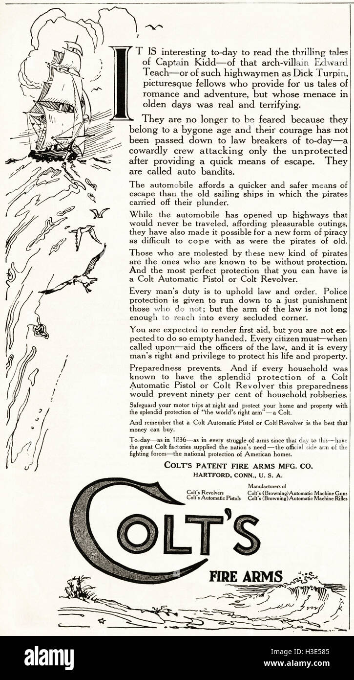 1920 Annonce de l'original old vintage magazine américain années 20 Retro Publicité Publicité Colt Fire Arms de Hartford Connecticut USA Banque D'Images