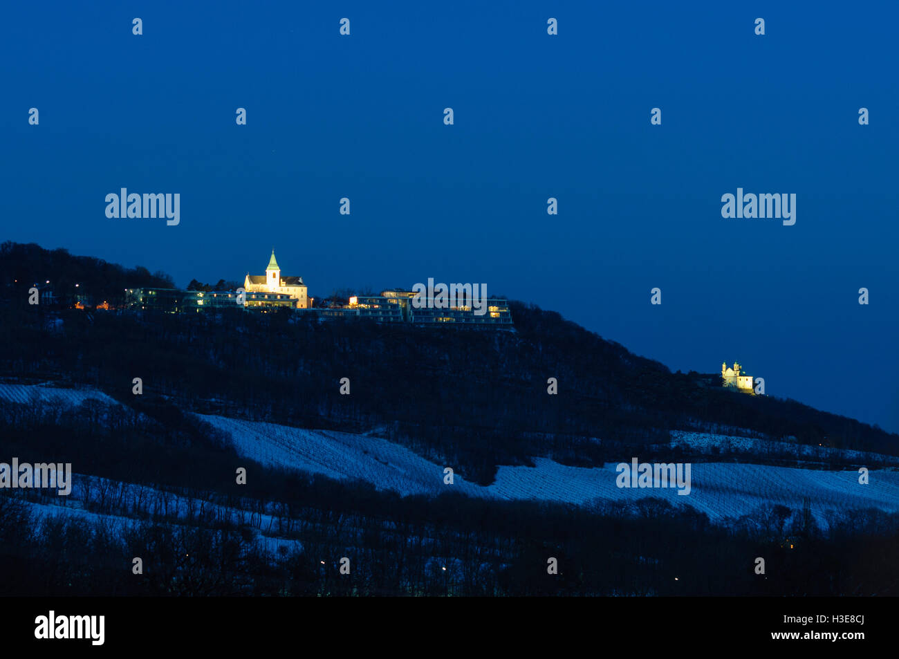 Wien, Vienne : l'église St. Joseph sur le Kahlenberg (à gauche) et Saint Leopold sur Leopoldsberg avec vignes, 19, Wien, Autriche. Banque D'Images