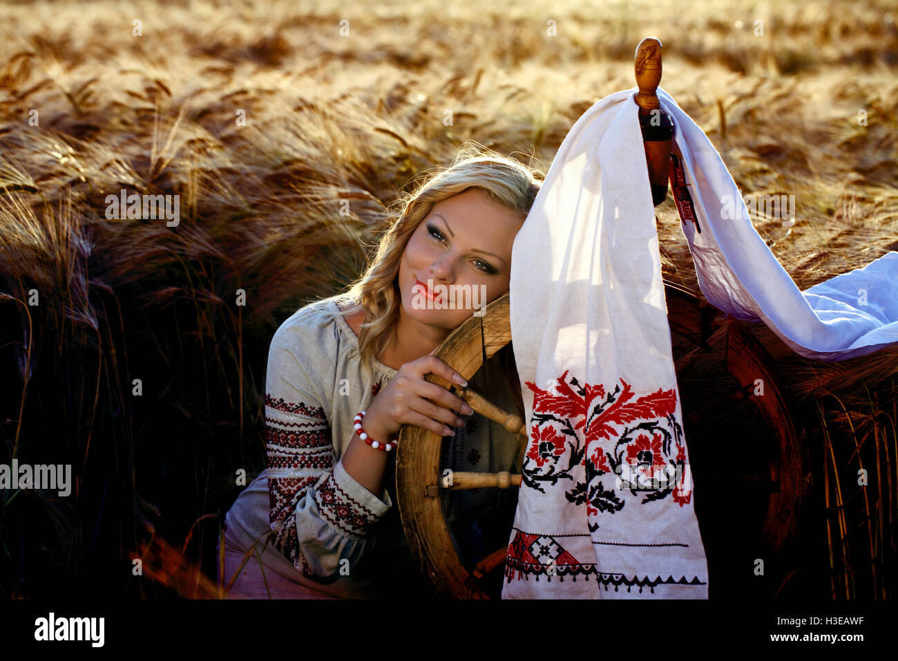 Une belle jeune fille ukrainienne en vêtements traditionnels brodés avec Banque D'Images