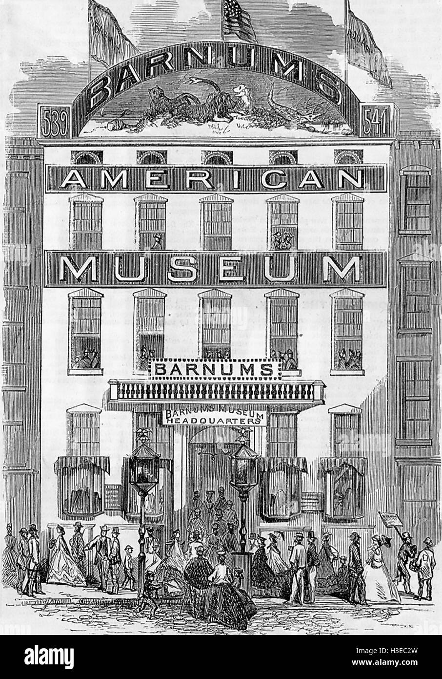 PHINEAS TAYLOR ('P.T.') Barnum (1810-1891) American showman. Gravure de son deuxième American Museum à 539-541 Broadway New York de Frank Leslie's Illustrated Newspaper je n 1865 Banque D'Images