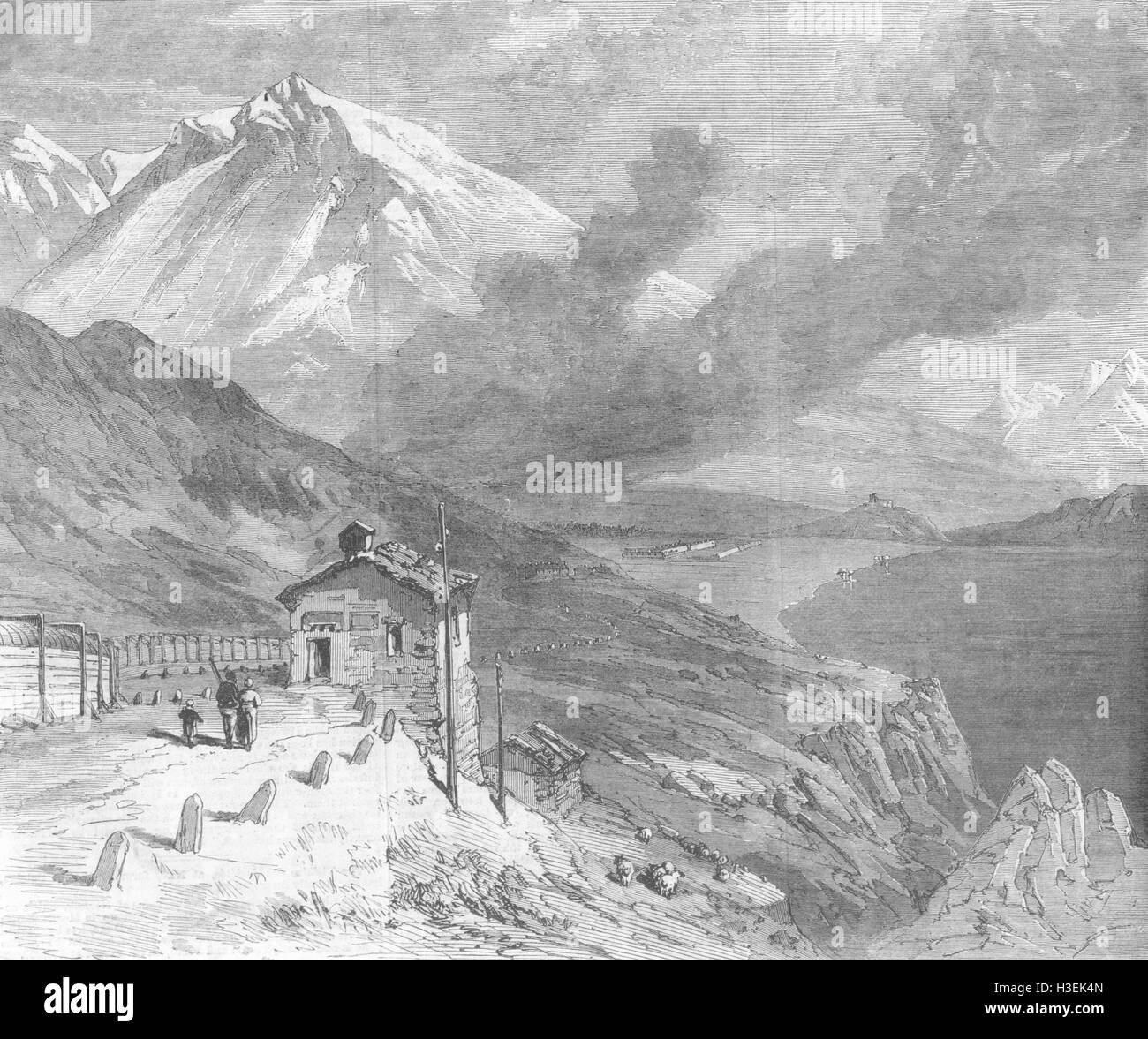 La France sur les alpes-sommet de Mont Cenis & Lake 1869. L'Illustrated London News Banque D'Images