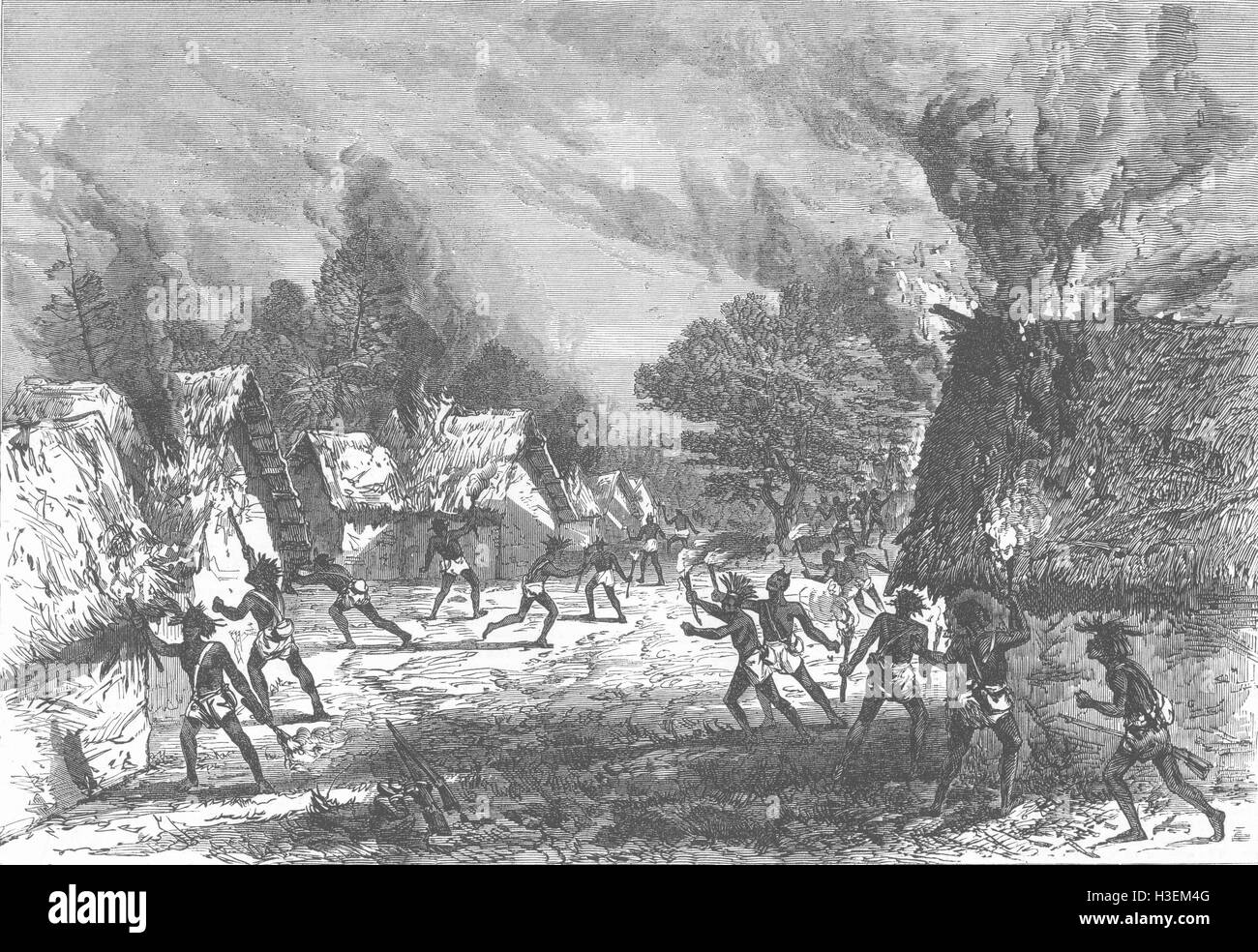 GHANA les éclaireurs de Lord Gifford village en feu 1874. Illustrated London News Banque D'Images