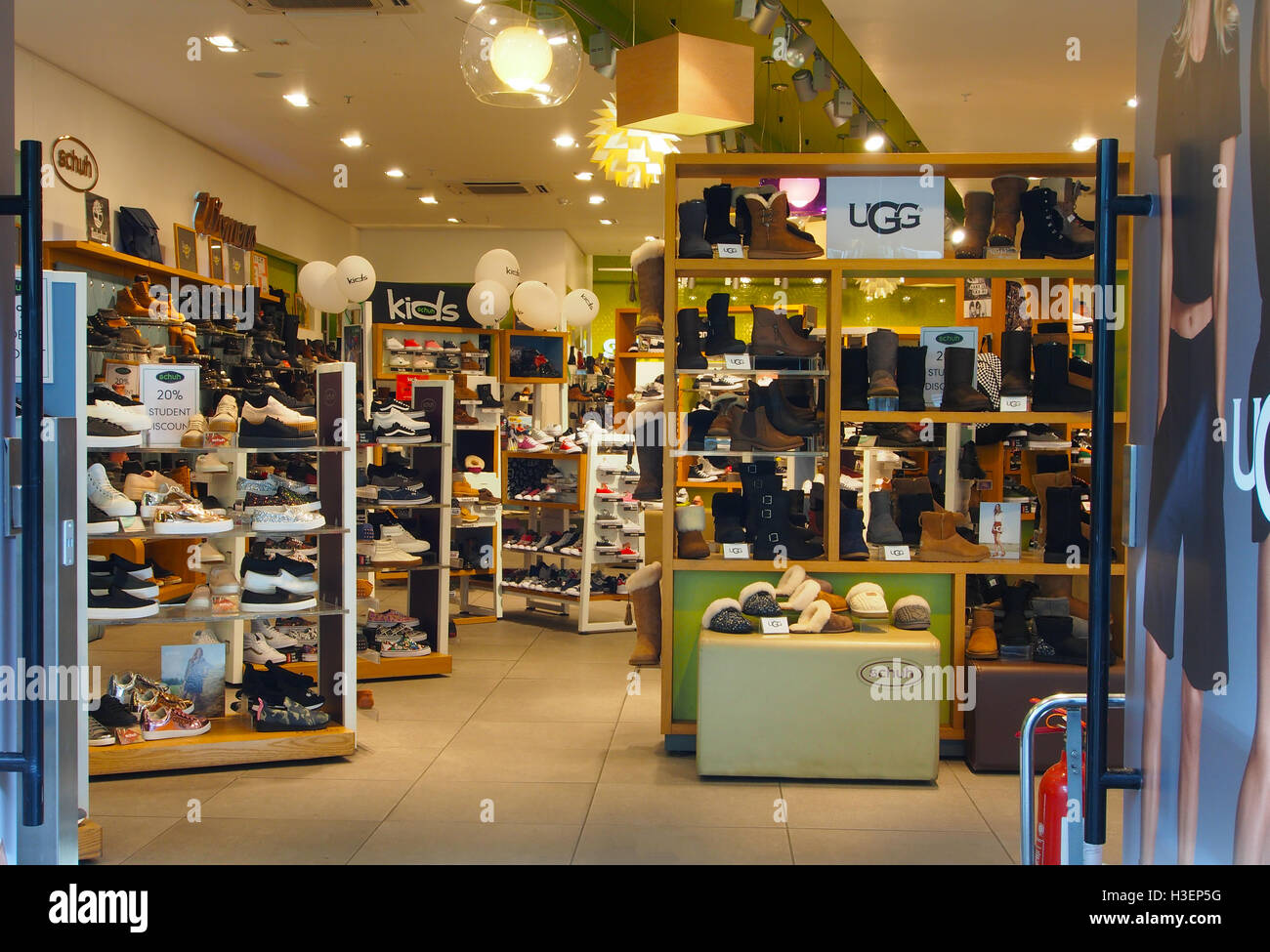 Intérieur de Shuh magasin de chaussures dans le centre de Manchester, Angleterre, RU, montrant les chaussures, formateurs et Wellington sur l'affichage sur les étagères. Banque D'Images