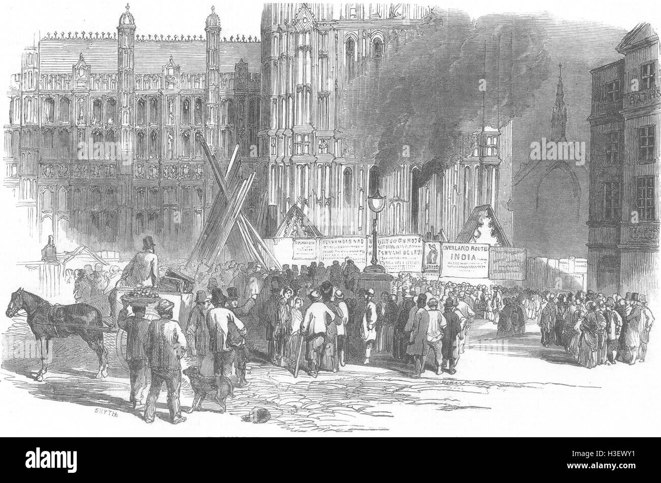 Dans l'Incendie de Londres Big Ben la tour de l'horloge du Parlement européen 1851. Illustrated London News Banque D'Images