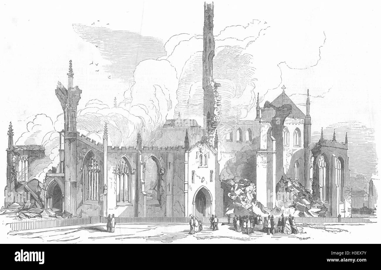 YORKS St George's Church, Doncaster, brûlé des 1853. Illustrated London News Banque D'Images