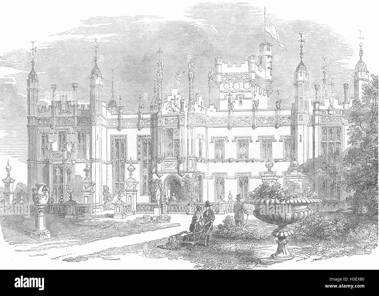 HERTS Knebworth, siège de Sir Edward Bulwer Lytton 1853. Illustrated London News Banque D'Images