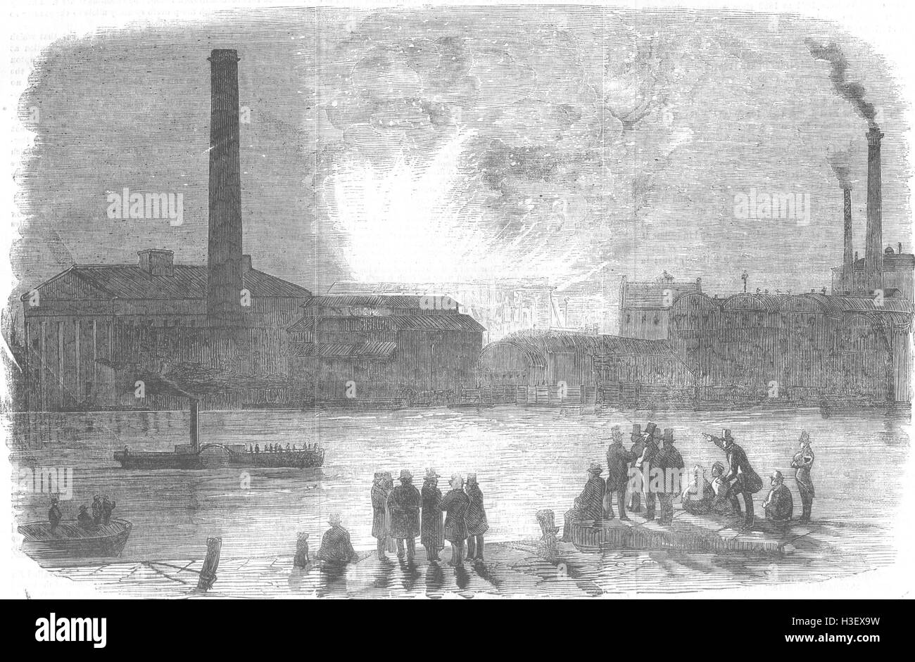 L'incendie de Londres à la station de Vauxhall, vu de Millbank 1856. Illustrated London News Banque D'Images