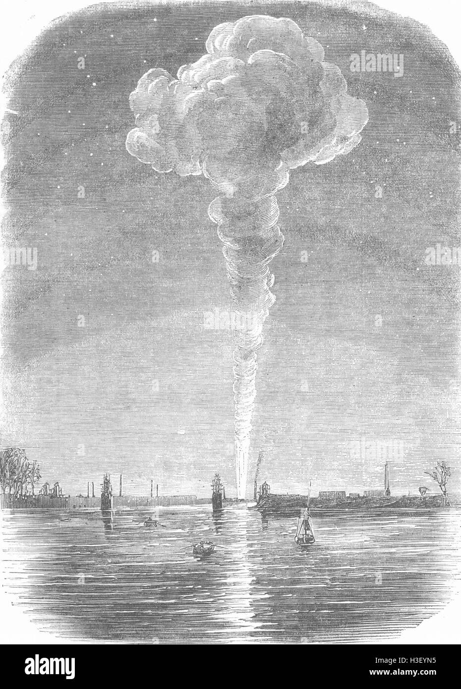 La station de Vauxhall, Londres, feu de Battersea Bridge 1856. Illustrated London News Banque D'Images