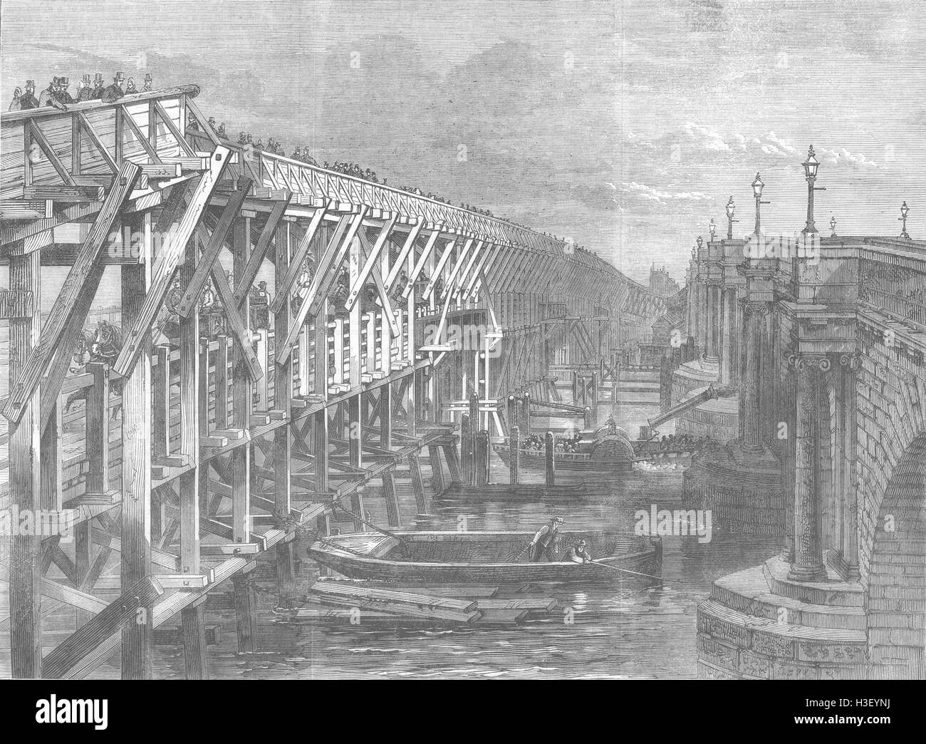 Pont temporaire au-dessus de Londres Tamise à Blackfriars 1864. Illustrated London News Banque D'Images