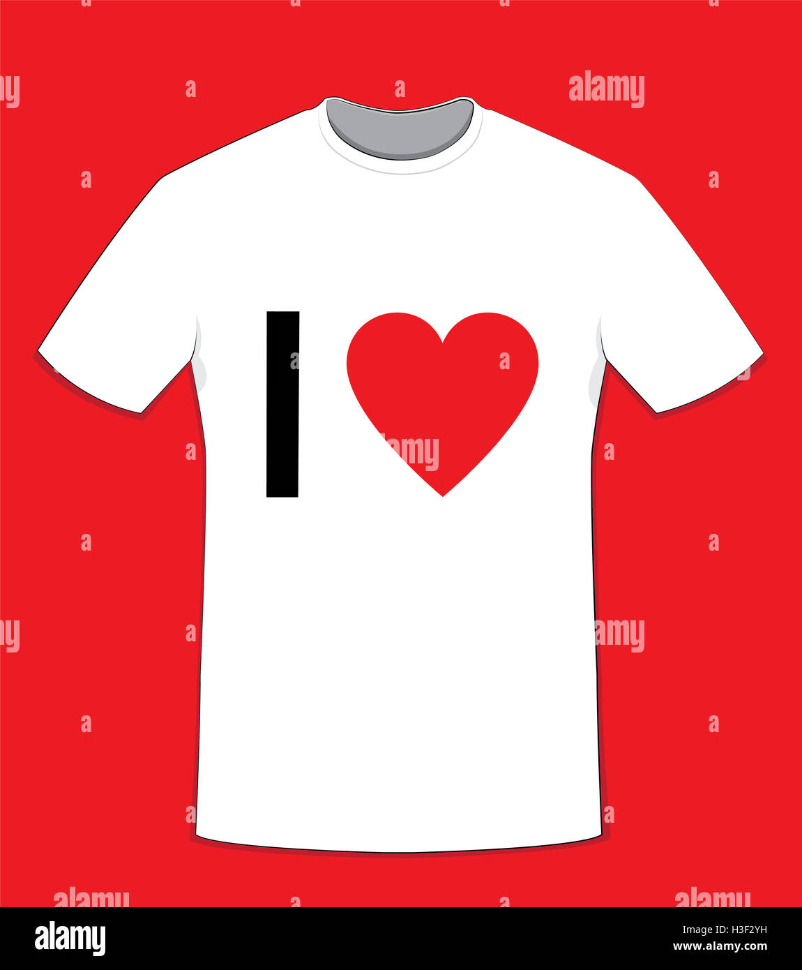 Un vecteur caricature représentant un t-shirt en coton blanc sur fond rouge, 'J'aime' texte sur l'avant et l'espace de copie à personnaliser Banque D'Images