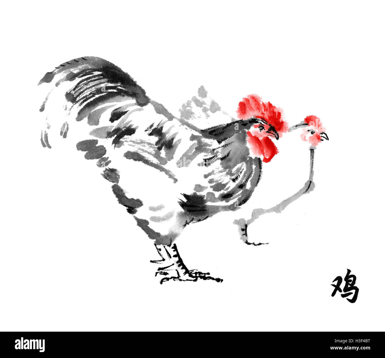 Coq et poule d'encre oriental peinture à l'hiéroglyphe 'Coq'. Sumi-e l'illustration. Symbole de la nouvelle année chinoise du coq. Banque D'Images
