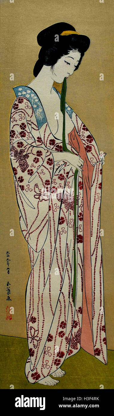 Femme dans un long Kimono Hashiguchi Goyo sous 1920 1880-1921 Tokyo Japon ( couleur xylographie sur papier ) Banque D'Images