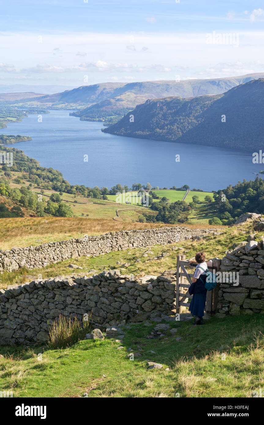 Femme walker à gate à l'égard de Ullswater Glencoyne sur ascension à Sheffield Pike, Cumbria, England, UK Banque D'Images