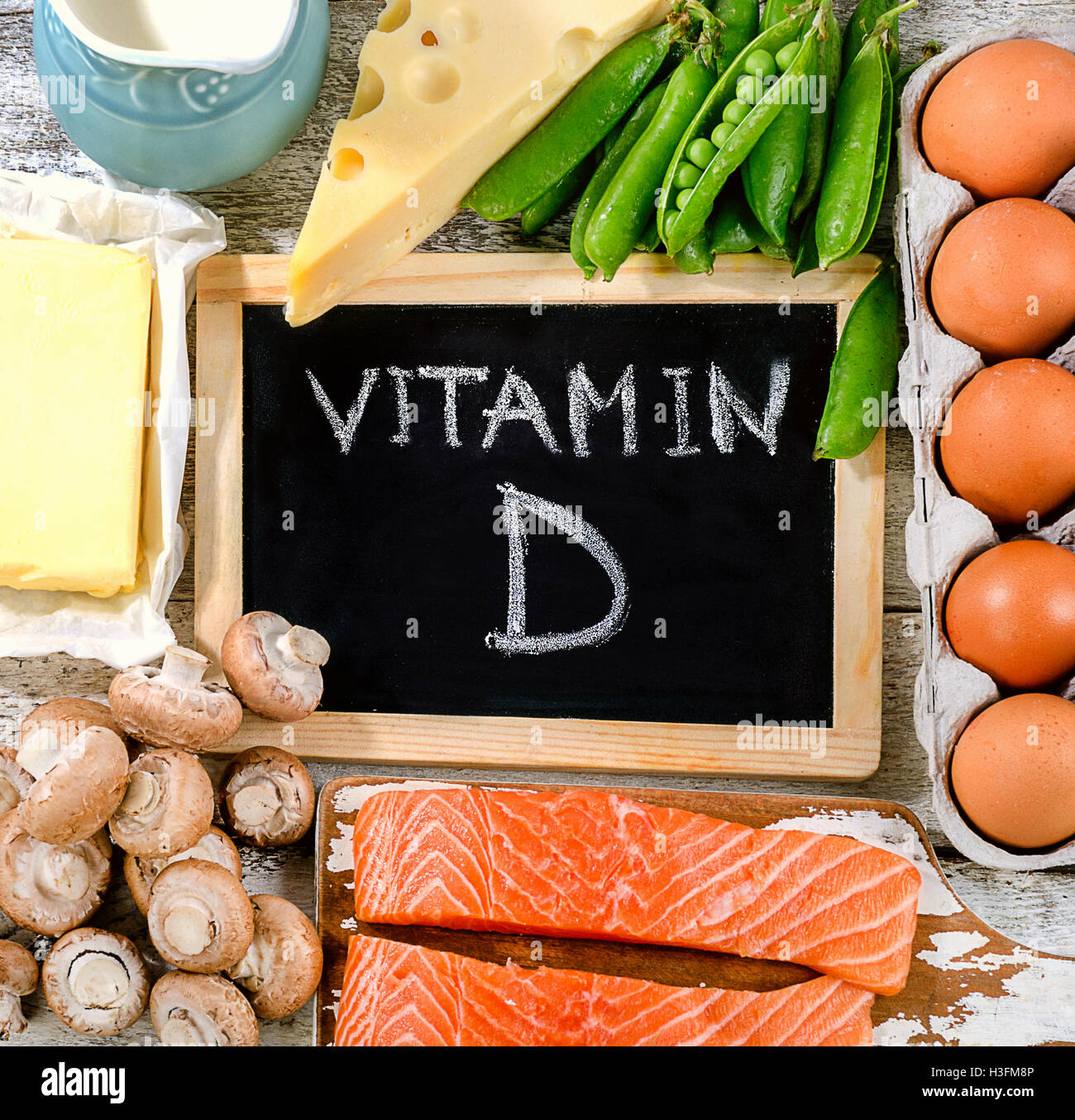 Les aliments riches en vitamine D. Le concept de saine alimentation. Vue d'en haut Banque D'Images