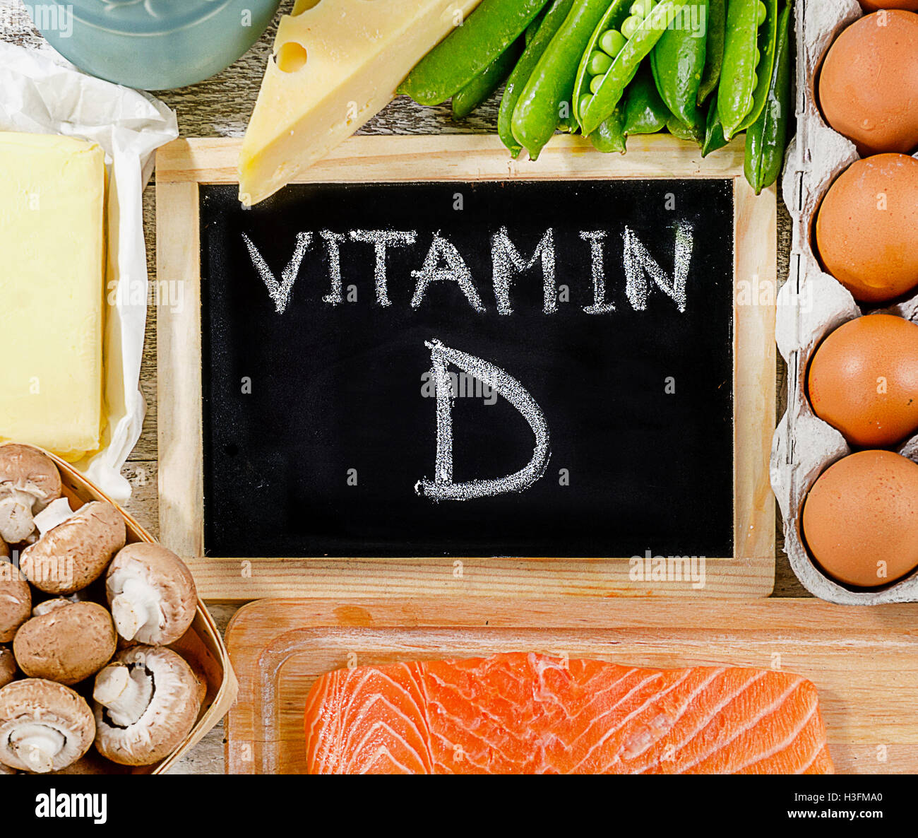 Les aliments riches en vitamine D. concept alimentation saine. Vue d'en haut Banque D'Images