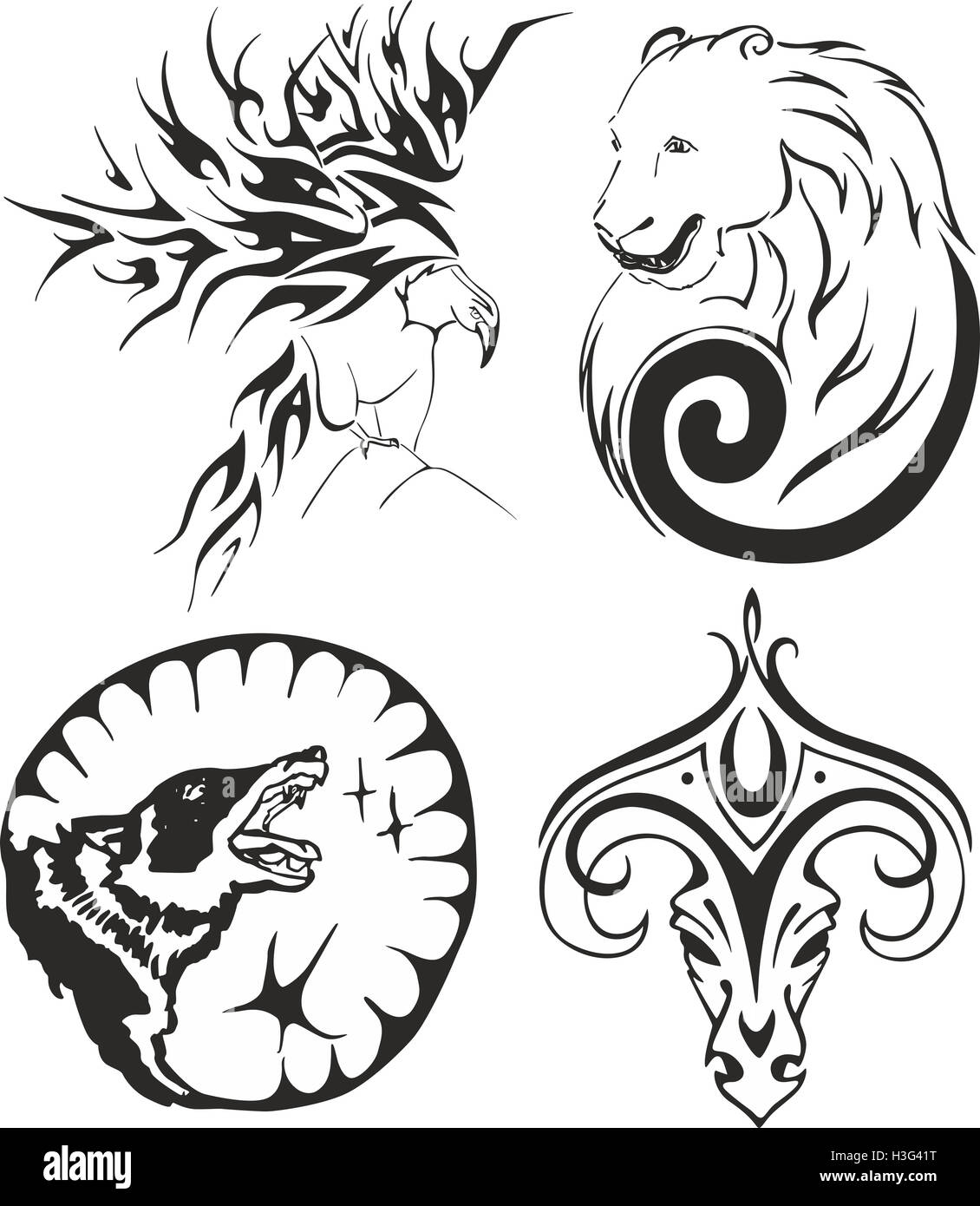 Tatouage tribal noir et blanc set avec un aigle, un ours, un loup et un bélier. Tatouage Animal Sketches. Banque D'Images