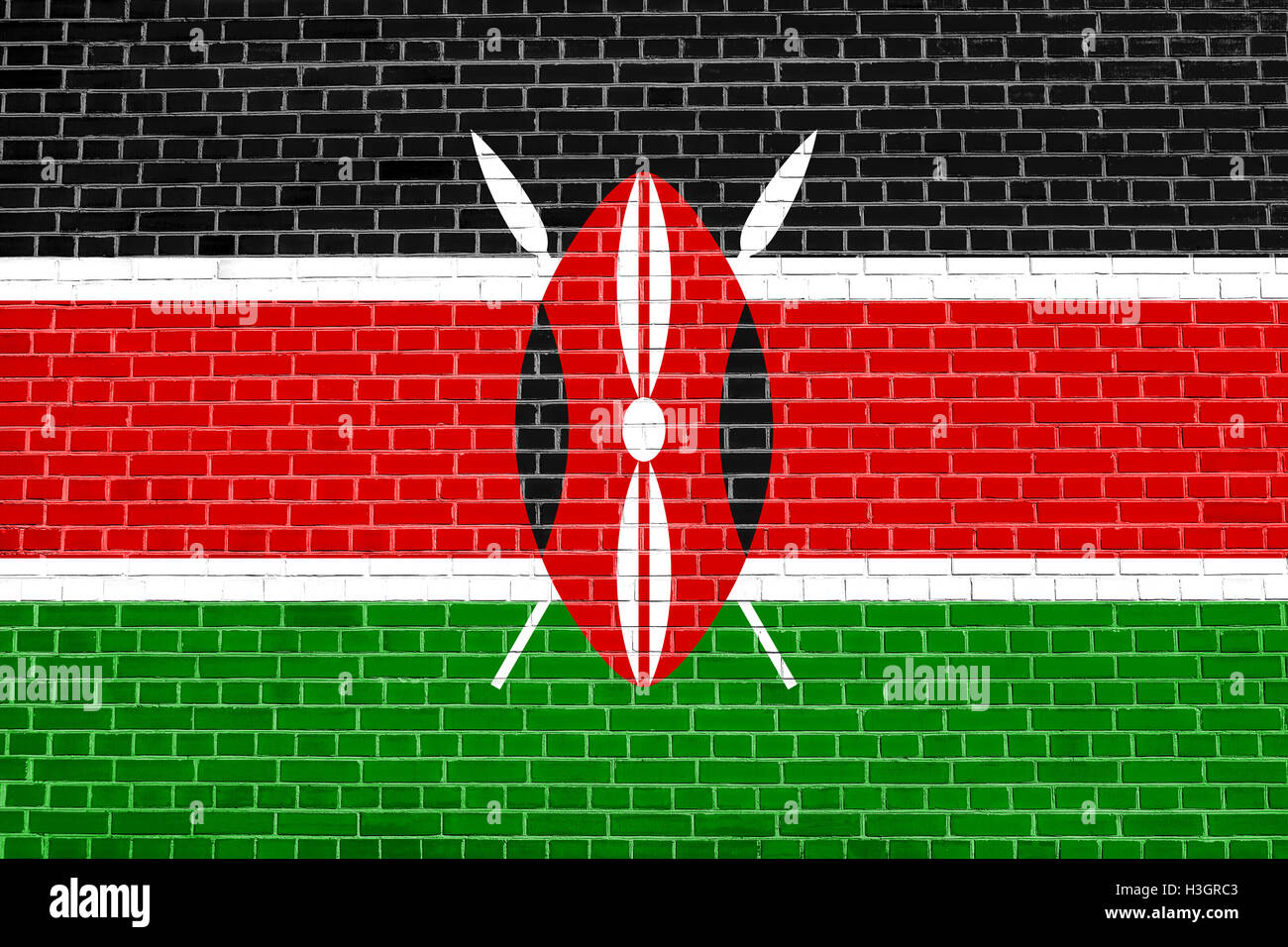 Kenyan national drapeau officiel. Symbole patriotique africaine, bannière, élément, arrière-plan. Pavillon du Kenya sur la texture mur de briques Banque D'Images