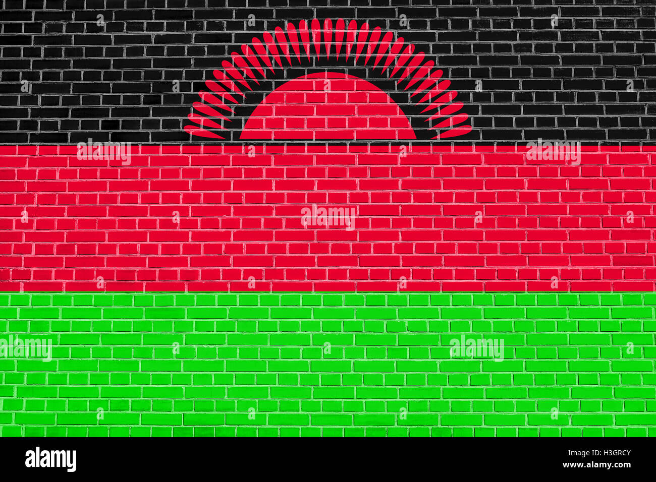Drapeau officiel national du Malawi. Symbole patriotique africaine, bannière, élément, arrière-plan. Pavillon de la texture du mur de brique sur le Malawi Banque D'Images