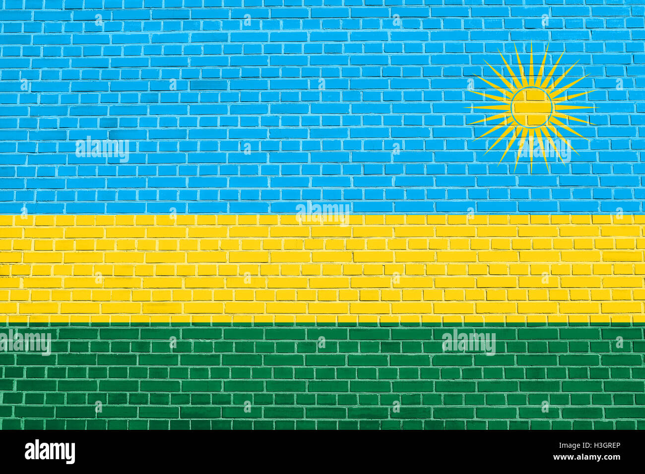 Drapeau officiel national rwandais. Symbole patriotique africaine, bannière, élément, arrière-plan. Flag of Rwanda sur texture mur de briques Banque D'Images