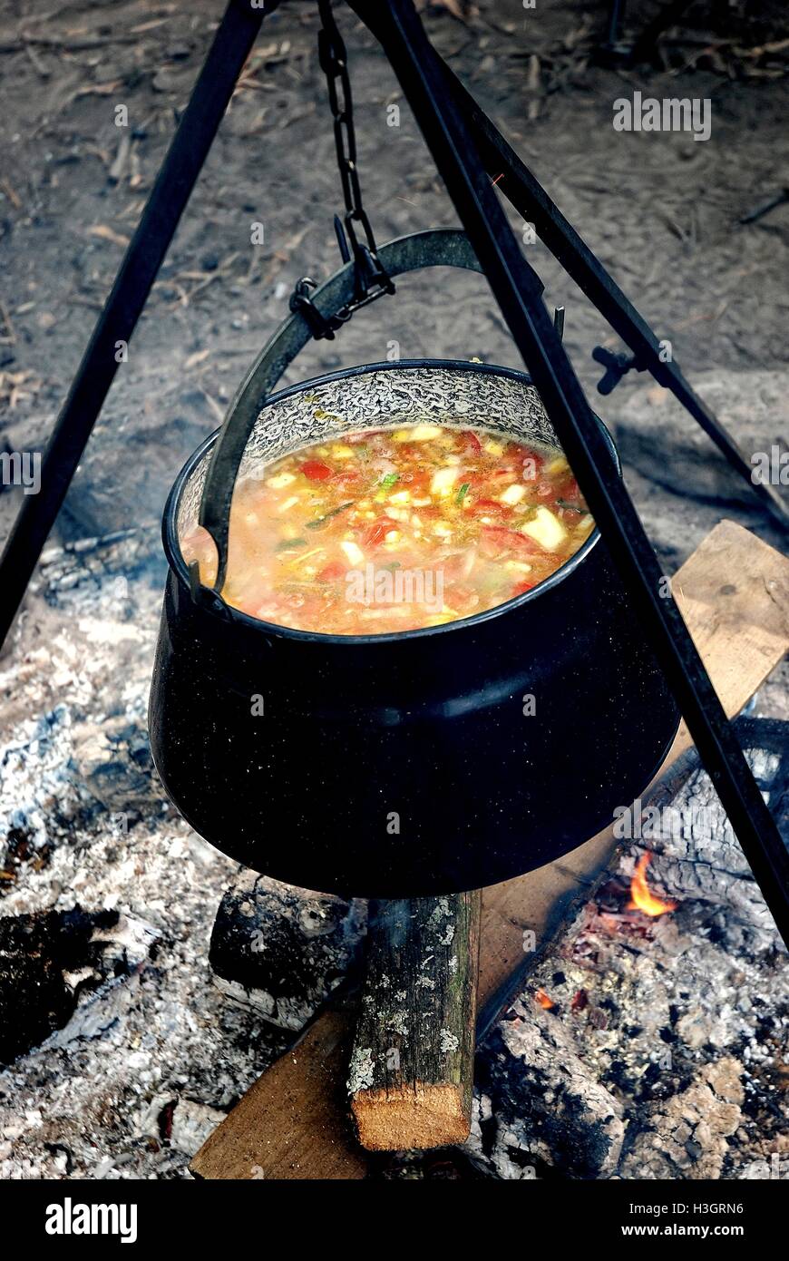 Fer à repasser avec chaudière dépend de soupe aux légumes sur trépied au camp Banque D'Images