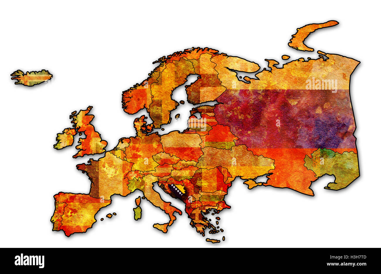 Quelques vieux grunge site de la Bosnie-Herzégovine avec drapeau sur la carte de l'Europe Banque D'Images