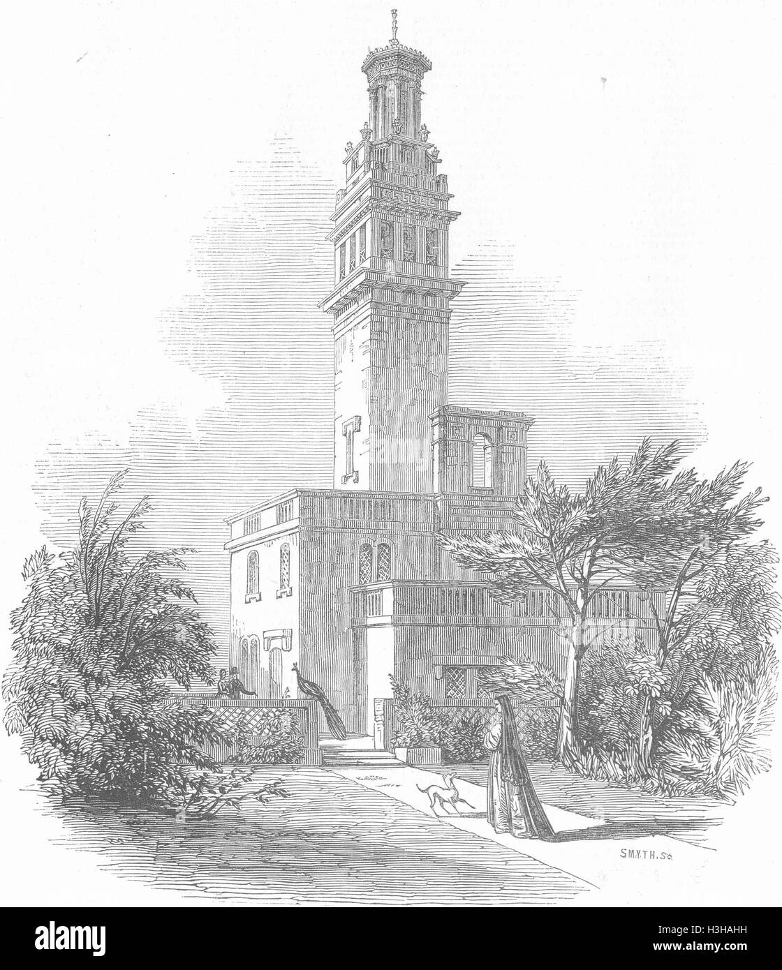Le Somerset Beckford's Tower et le jardin 1845. Illustrated London News Banque D'Images