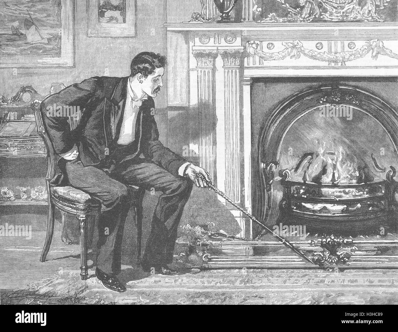 PORTRAITS Il s'est assis à regarder le feu, dans la main de poker 1882. Le graphique Banque D'Images