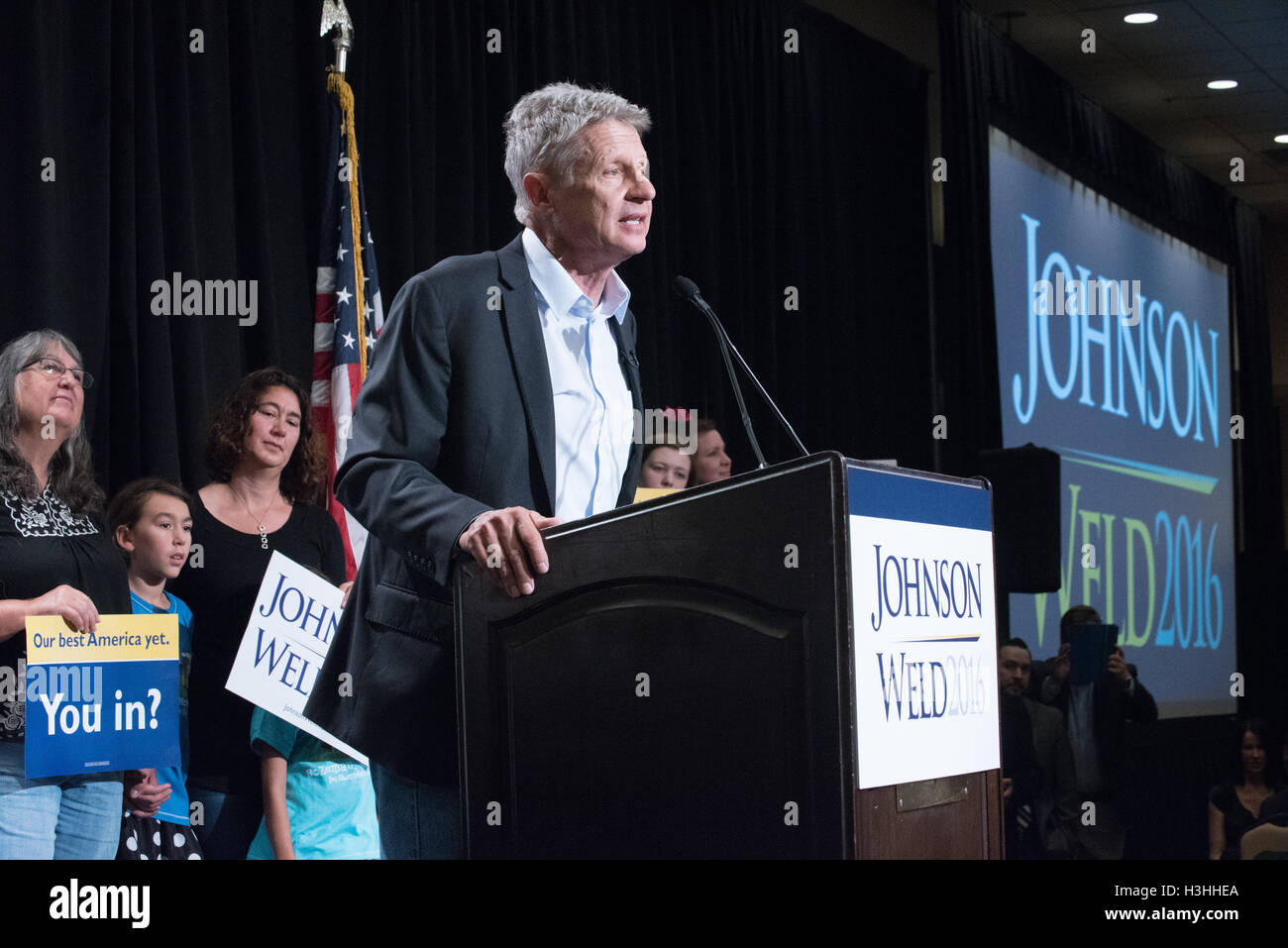 Candidat à l'élection présidentielle Gouverneur Gary Johnson parle au Johnson/soudure presidential rassemblement à l'hôtel Sheraton du centre-ville de Seattle le 17 septembre 2016 à Seattle, WA Banque D'Images