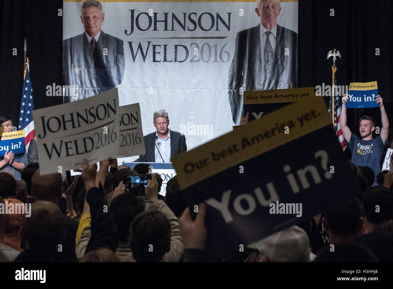 Candidat à l'élection présidentielle Gouverneur Gary Johnson parle au Johnson/soudure presidential rassemblement à l'hôtel Sheraton du centre-ville de Seattle le 17 septembre 2016 à Seattle, WA Banque D'Images